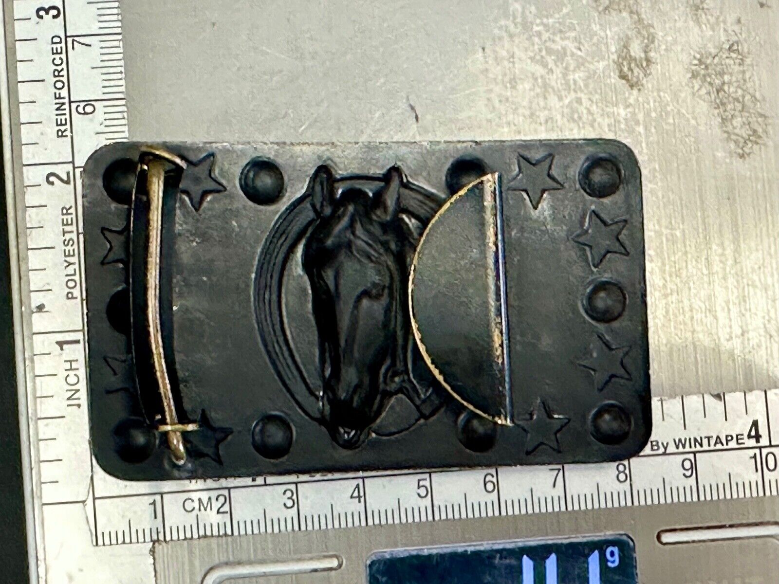 Vintage Horse head belt buckle with stars and circles boarder
