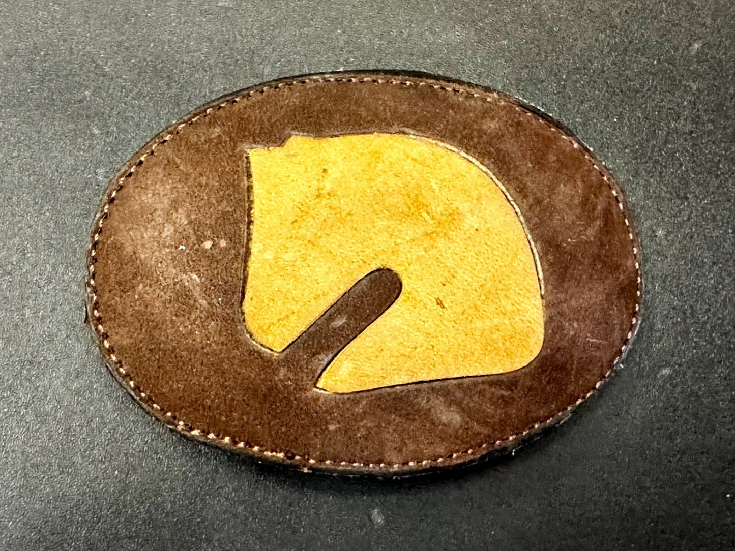 Abstract Horse Head - Brown Leather Stitched Vintage Belt Buckle