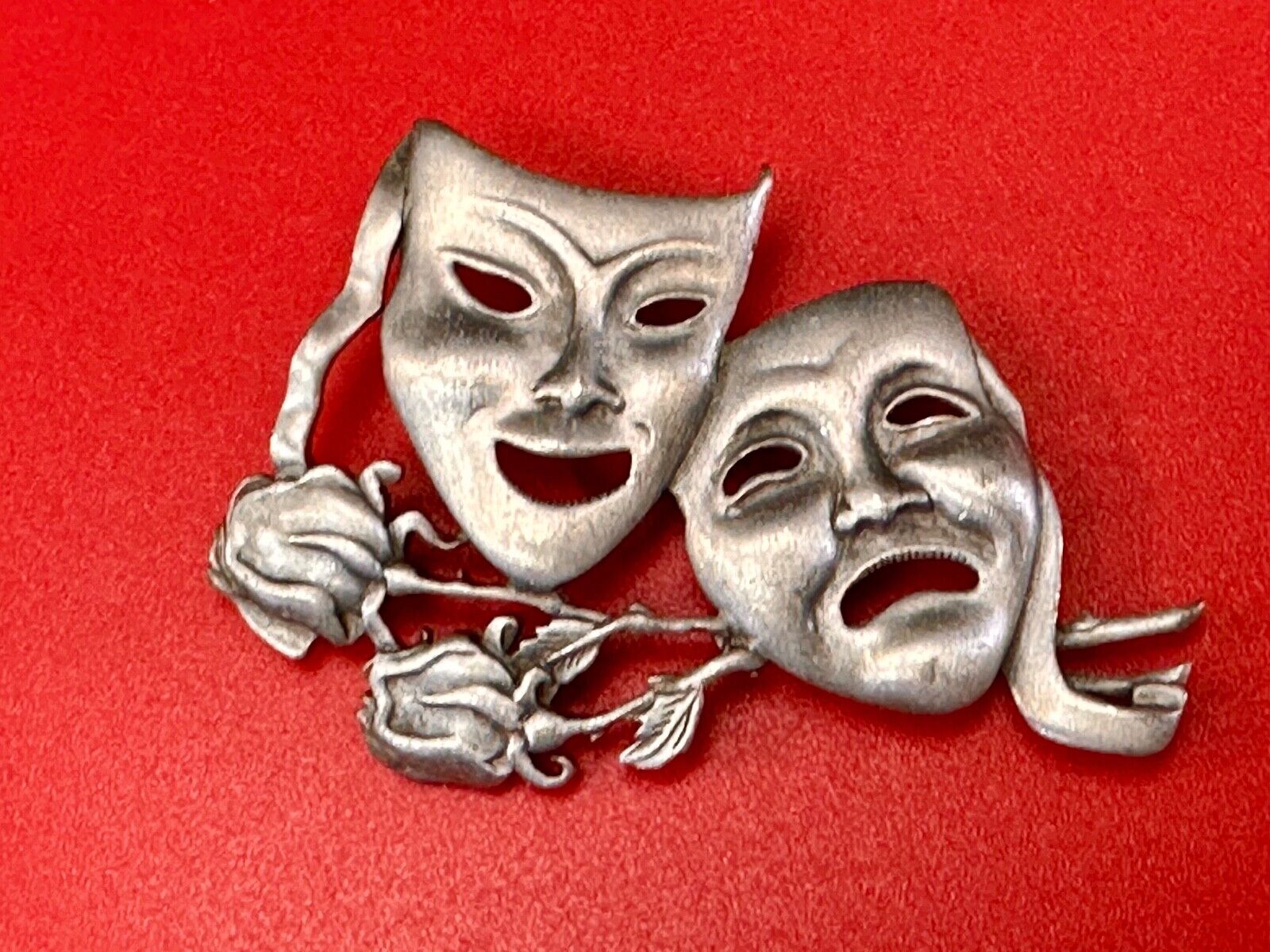 Theater Faces and Roses - Large JJ Signed silver tone vintage brooch pin