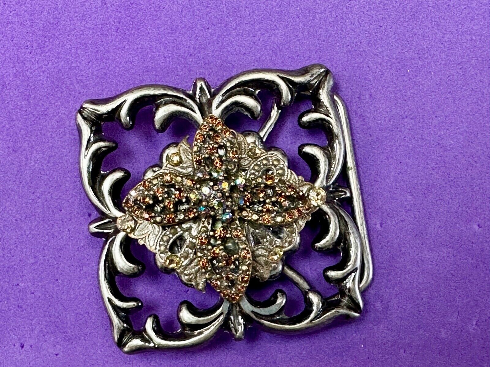 Artisan unique rhinestone mixed media see through silver tone belt buckle