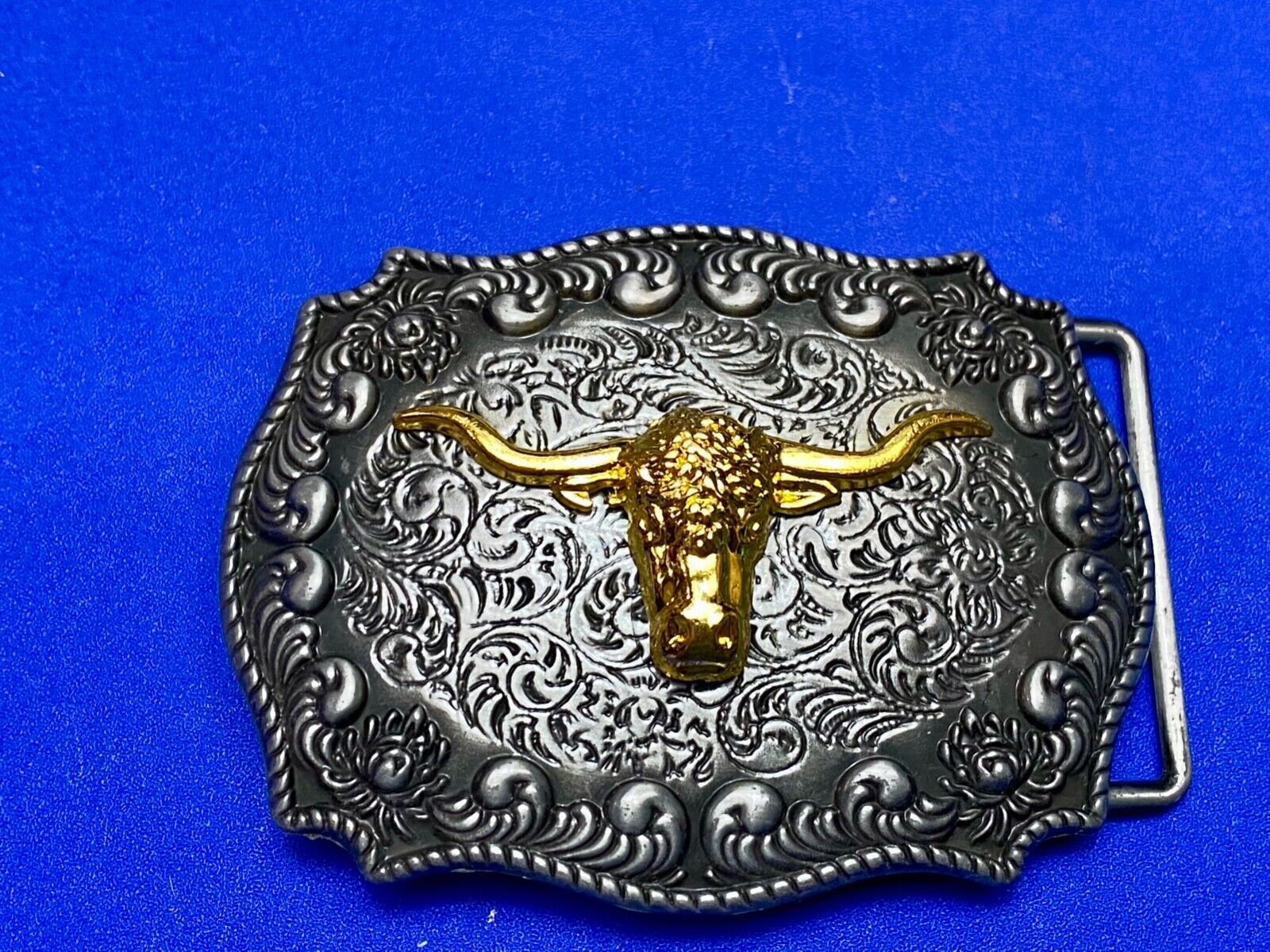 Texas longhorn western raised steer cow two tone 3.5" wide belt buckle