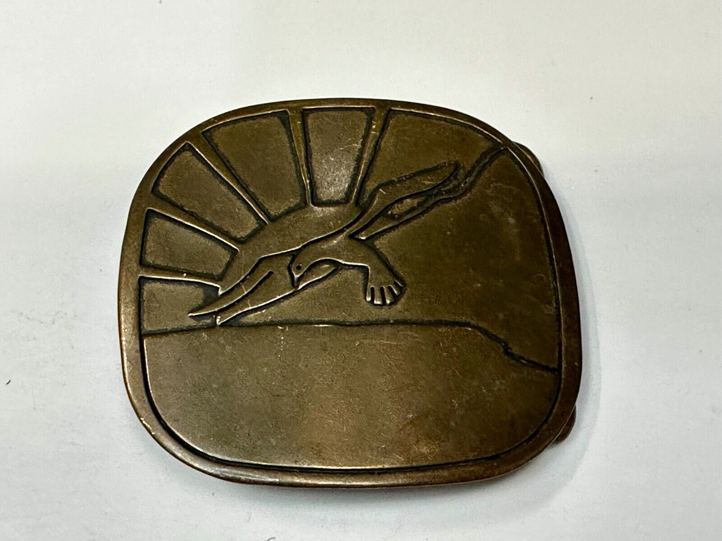 Abstract Eagle Over Sunset / Turtle Swimming Solid Brass Hippy Style Belt Buckle