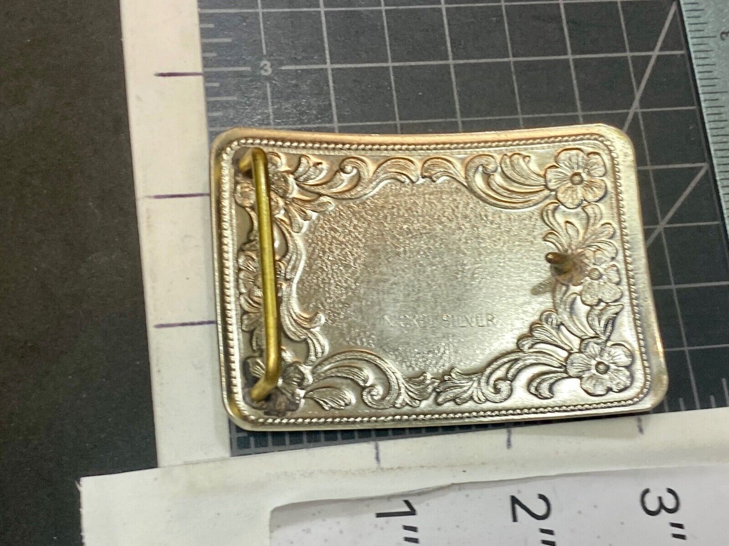 Antique Horse western Nickle Silver and black paint flower swirl belt buckle 