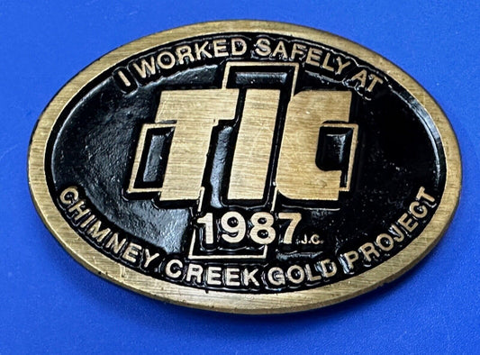 Vintage 1987 TIC Chimney Creek Gold Project Safety award brass belt buckle