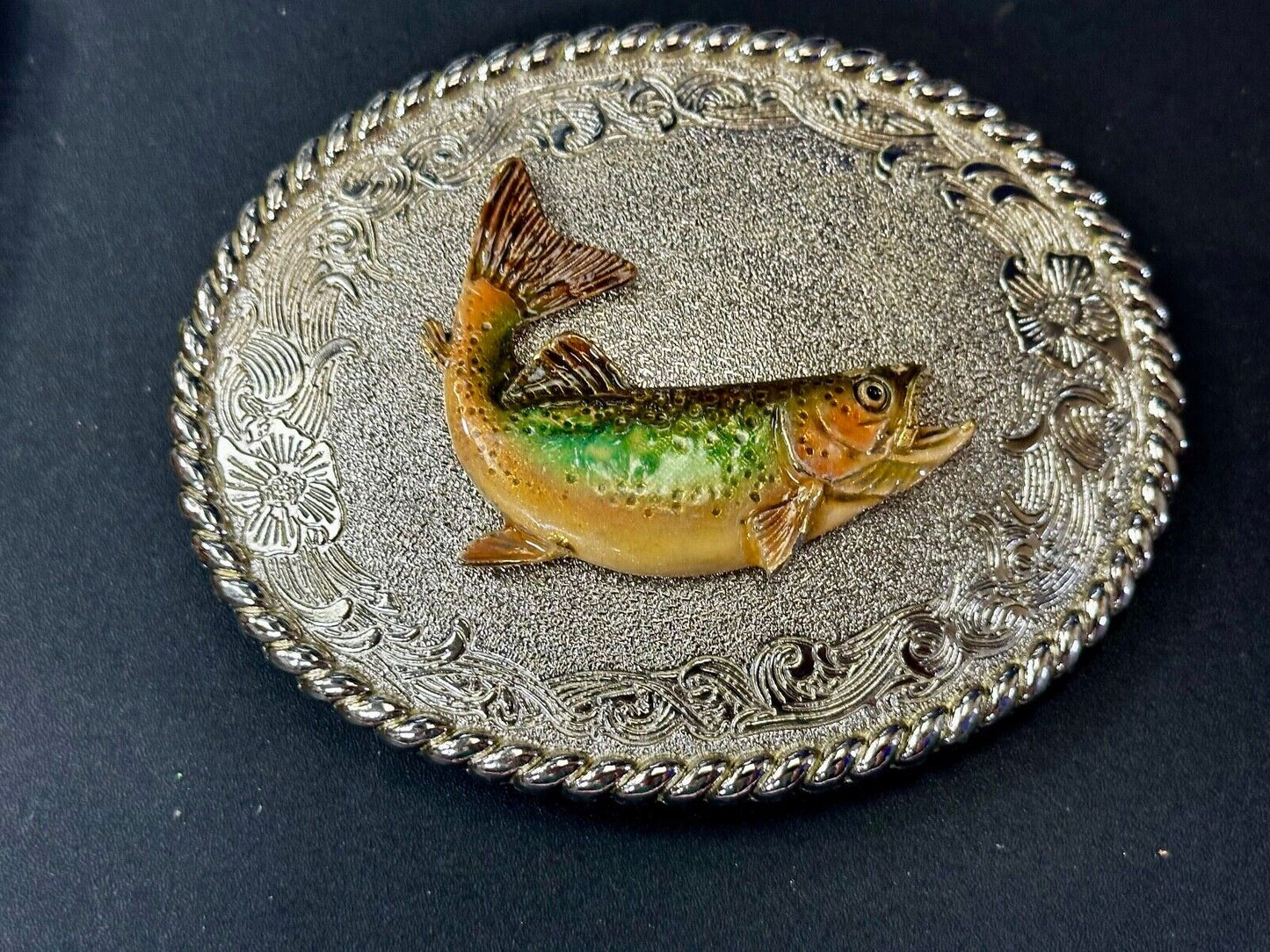 Trout Fish Fisherman Gift Vintage 1978 Oval Belt Buckle by Rain Tree