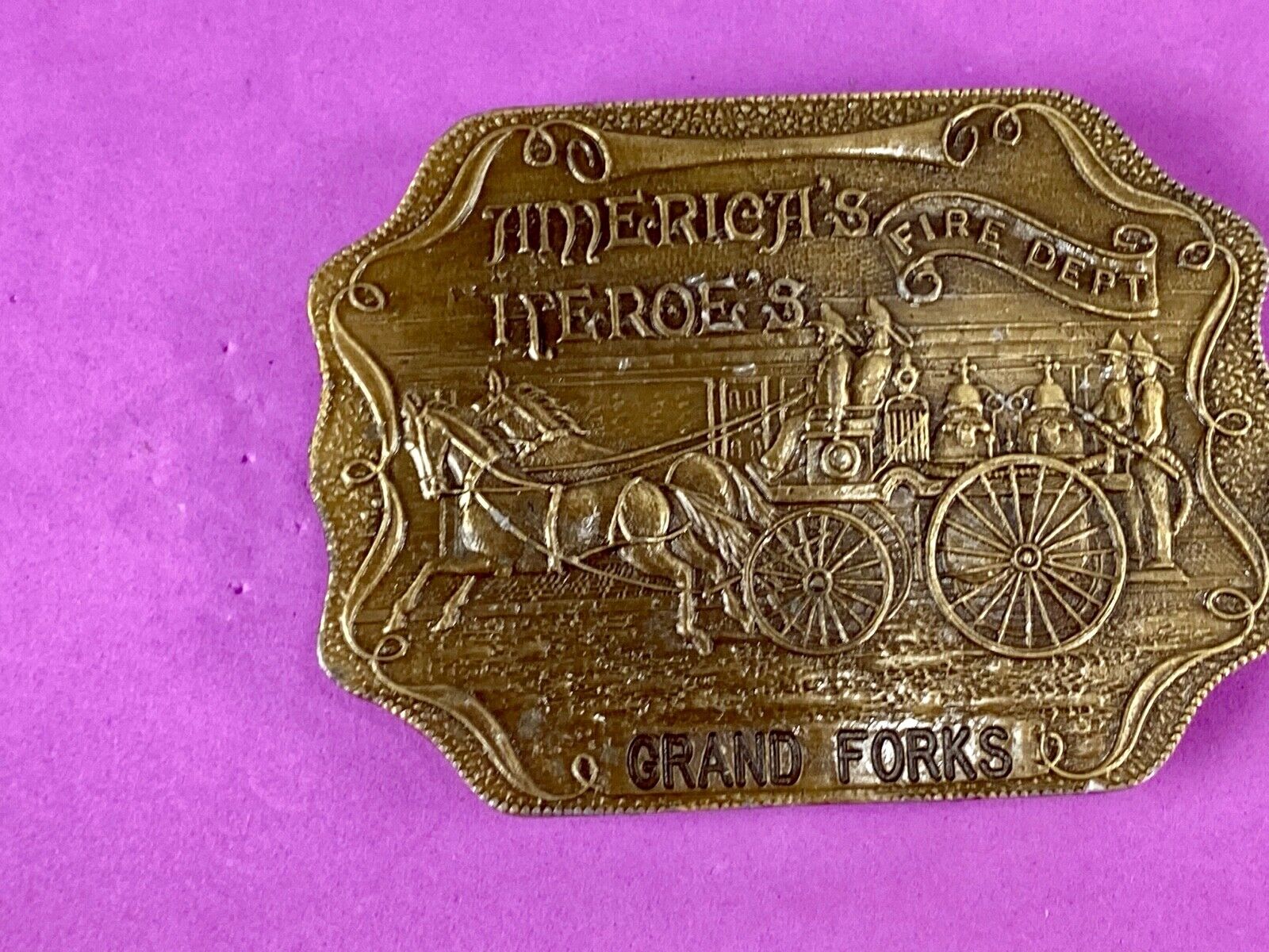 America’s Heroes FIRE DEPT Grand FORKS Fire Fighters belt buckle bottle opener
