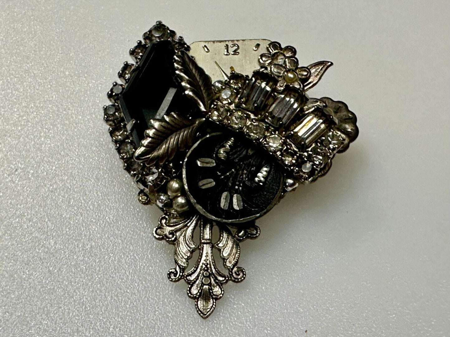 Victorian Style Flower Clocks with Rhinestone Artisan Silver Tone Brooch Pin