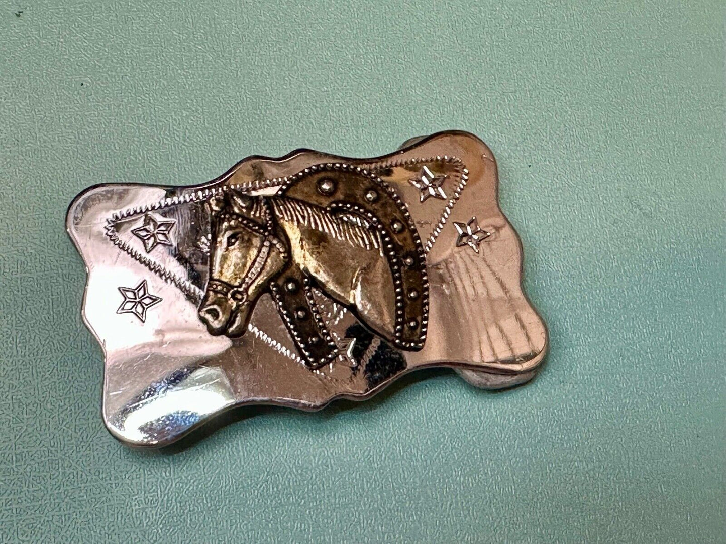 Vintage Horse head through horseshoe on reflective two tone belt buckle