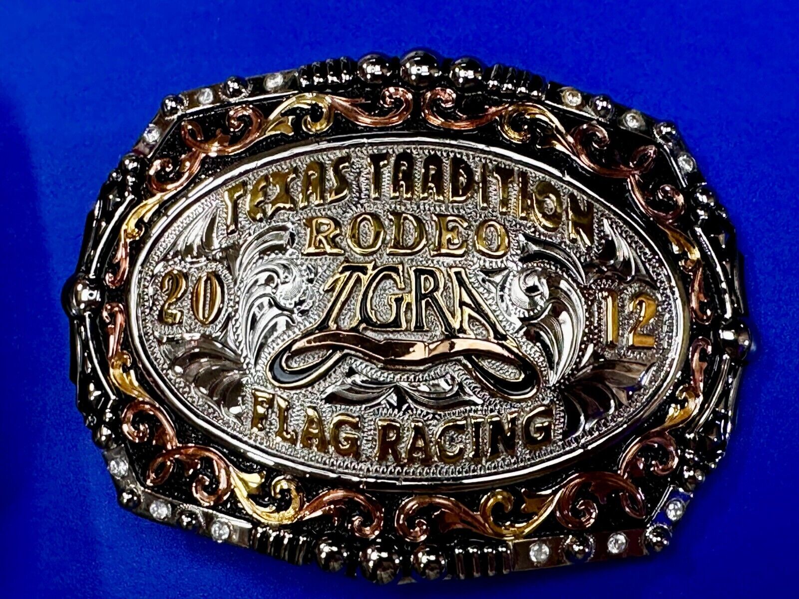 TGRA Texas Tradition Rodeo Flag Racing 2012 Trophy Award Belt Buckle Lone Star