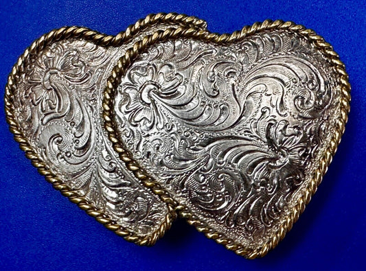 Two Deal Hearts - Vintage Award Design Medals Two Tone Western Belt Buckle