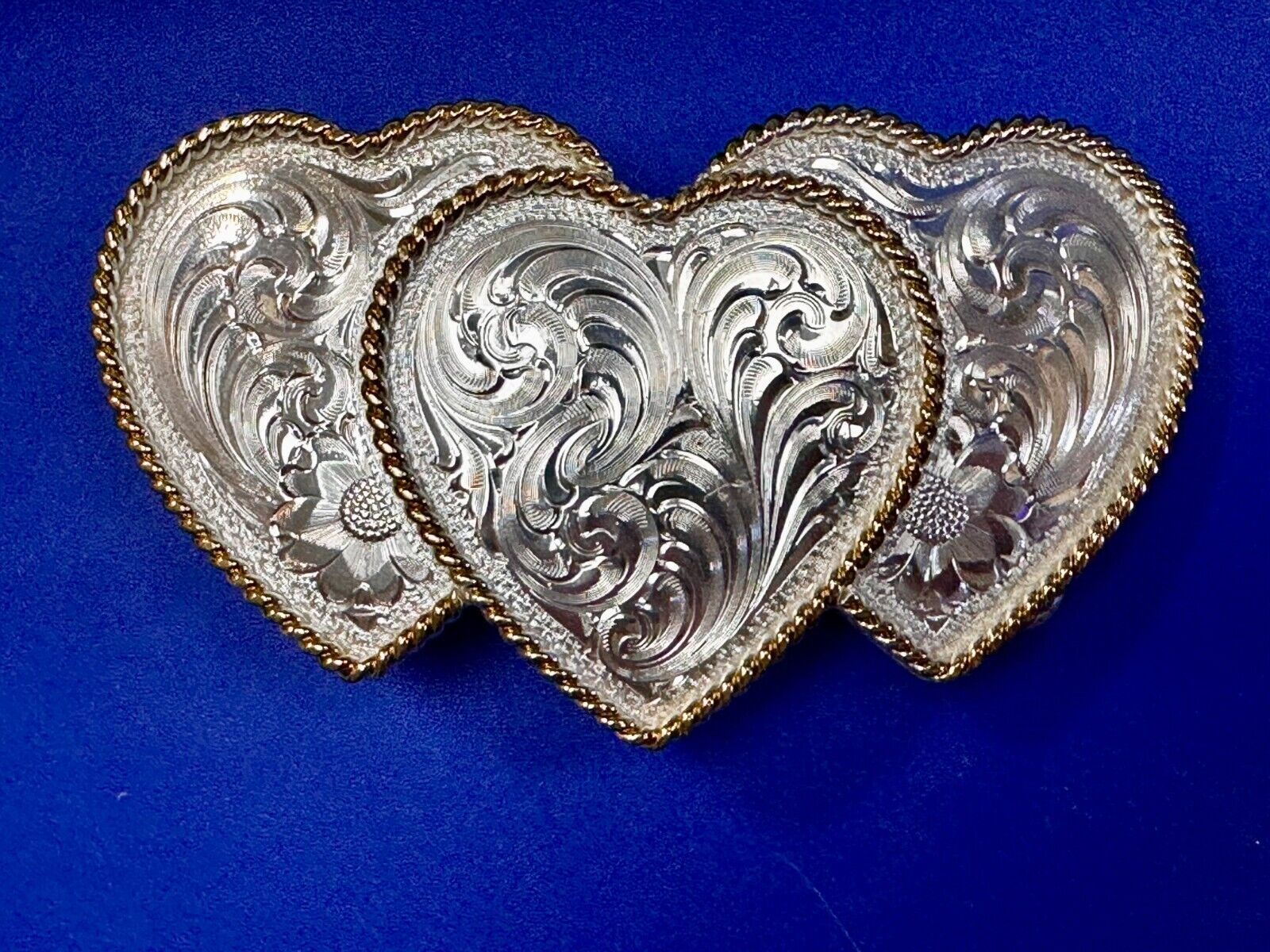 Triple 3 Hearts  Etched Floral Vintage Large Montana Silversmiths Belt Buckle