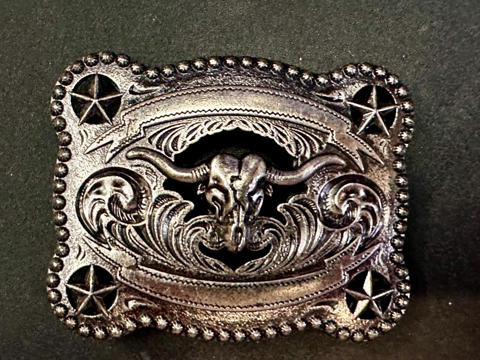 Texas Longhorn Steer / Corner Stars - Engravable Blank Award Scroll Belt Buckle