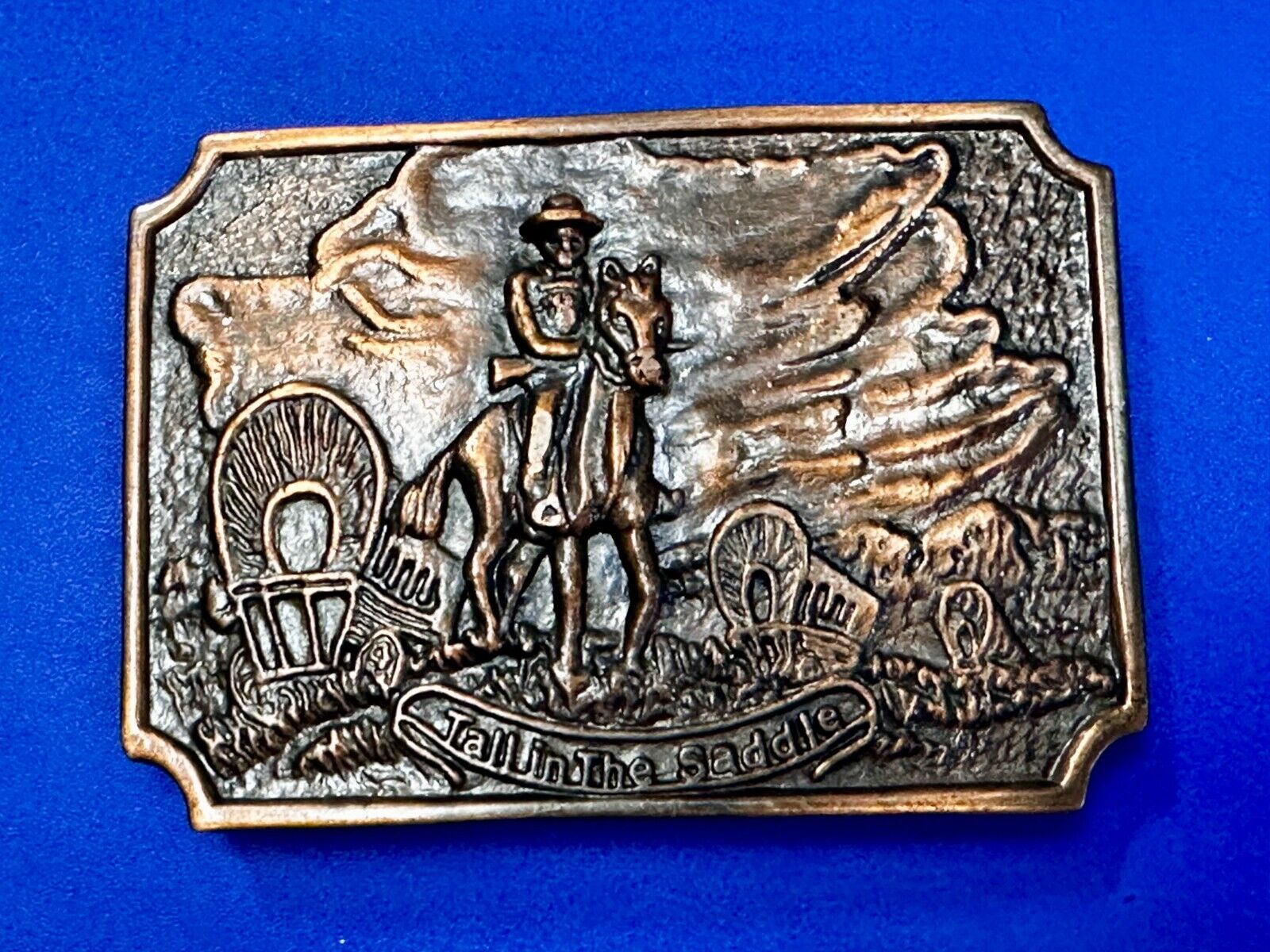 Tall in the Saddle Wagon Cowboy Horse Western Art Scene Vintage Belt Buckle