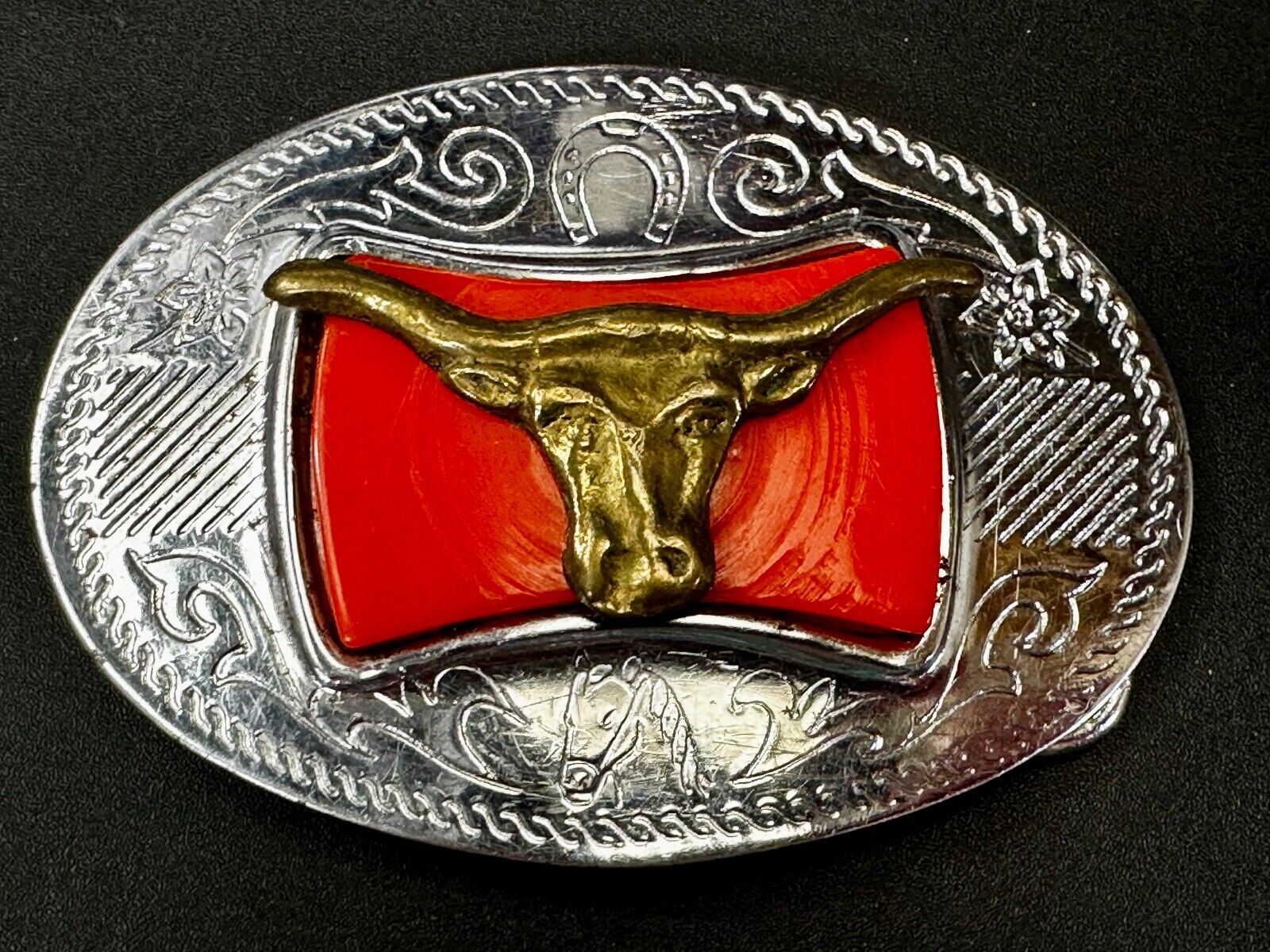 Texas Longhorn Cattle Bull Orange Enamel Backed Western Style Belt Buckle