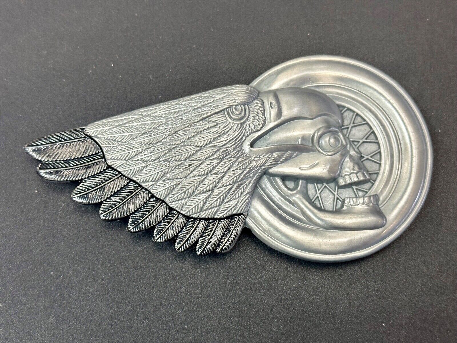Bikers Skull with Eagle Wing and Motorcycle Wheel figural belt buckle