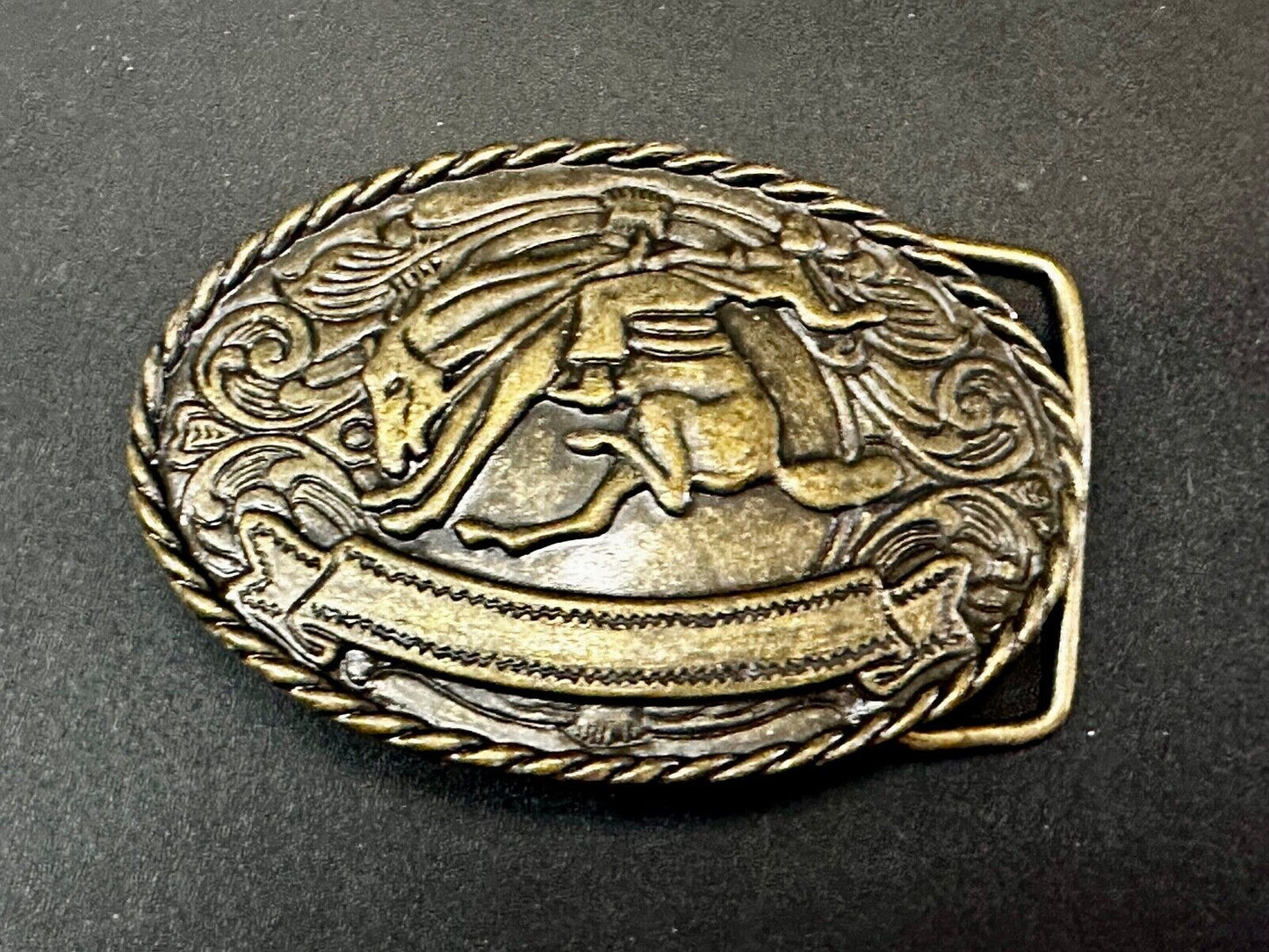 Abstract Vintage Cowboy Saddle Bronc western belt buckle with award ribbon