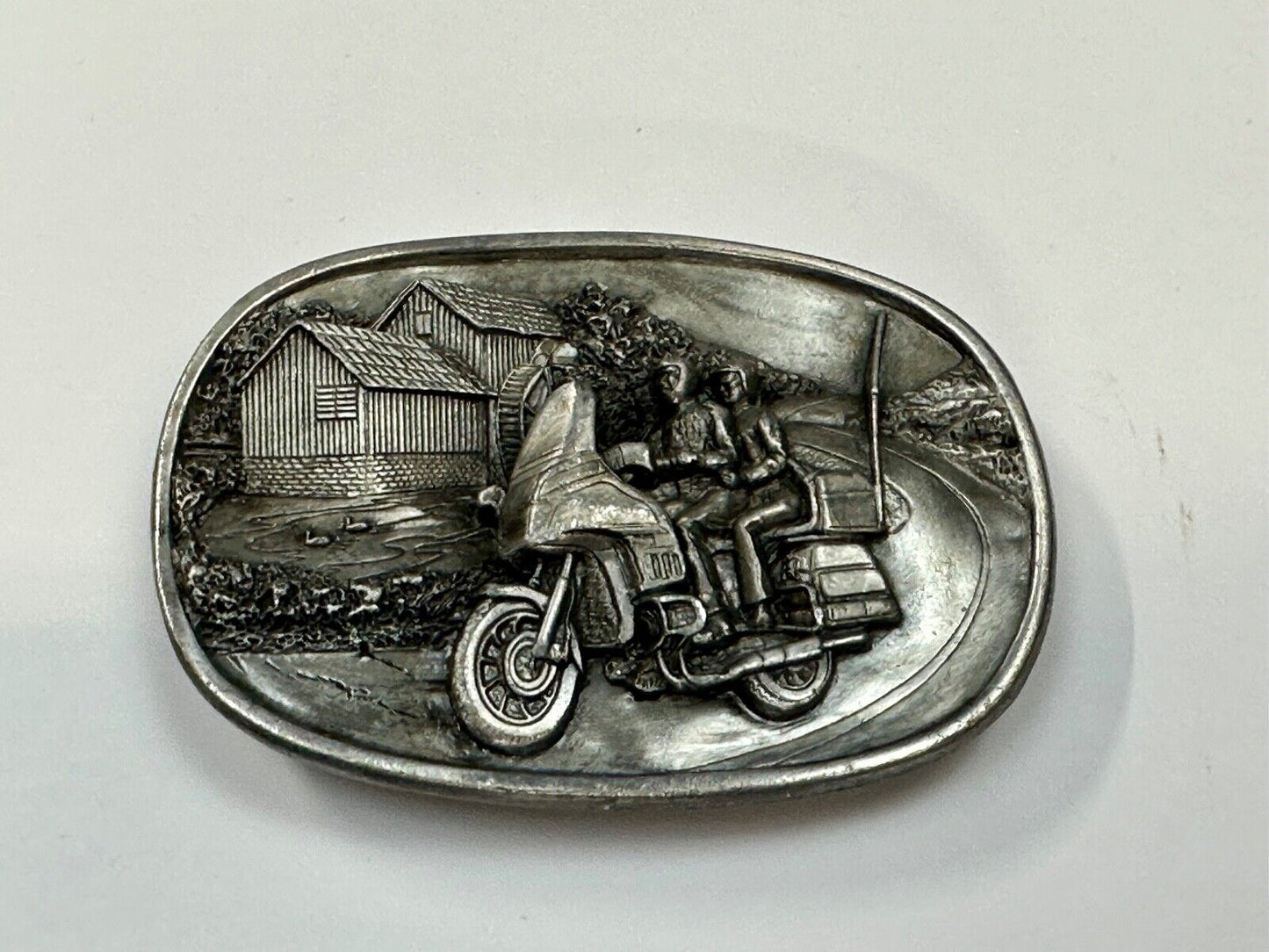 Biker Couple riding on Motorcycle  Vintage 1984 Bergamot belt buckle  L-49 1