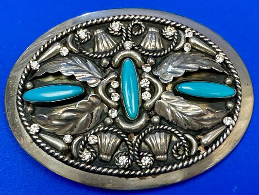 Vintage Faux Turquoise and Feather's Beautiful Alpaca Mexico Stamped Belt Buckle