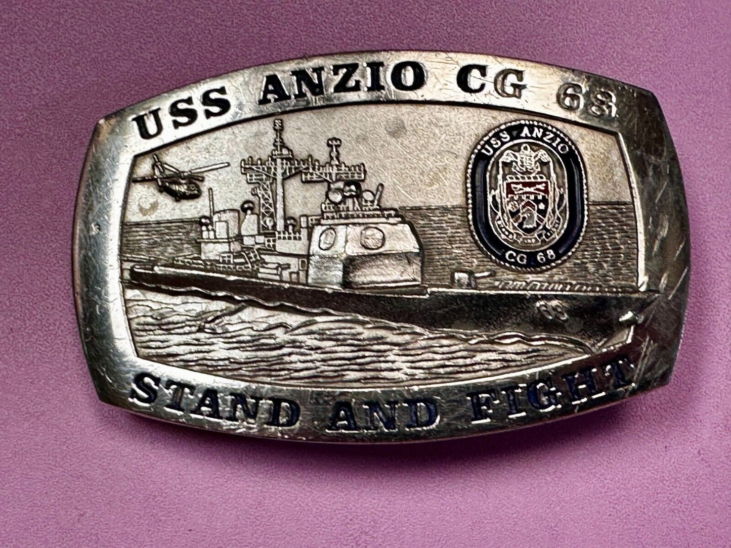 U.S.S. Anzio CG 68 Missile Cruiser Ship Stand and Fight US Navy Vtg. Belt Buckle