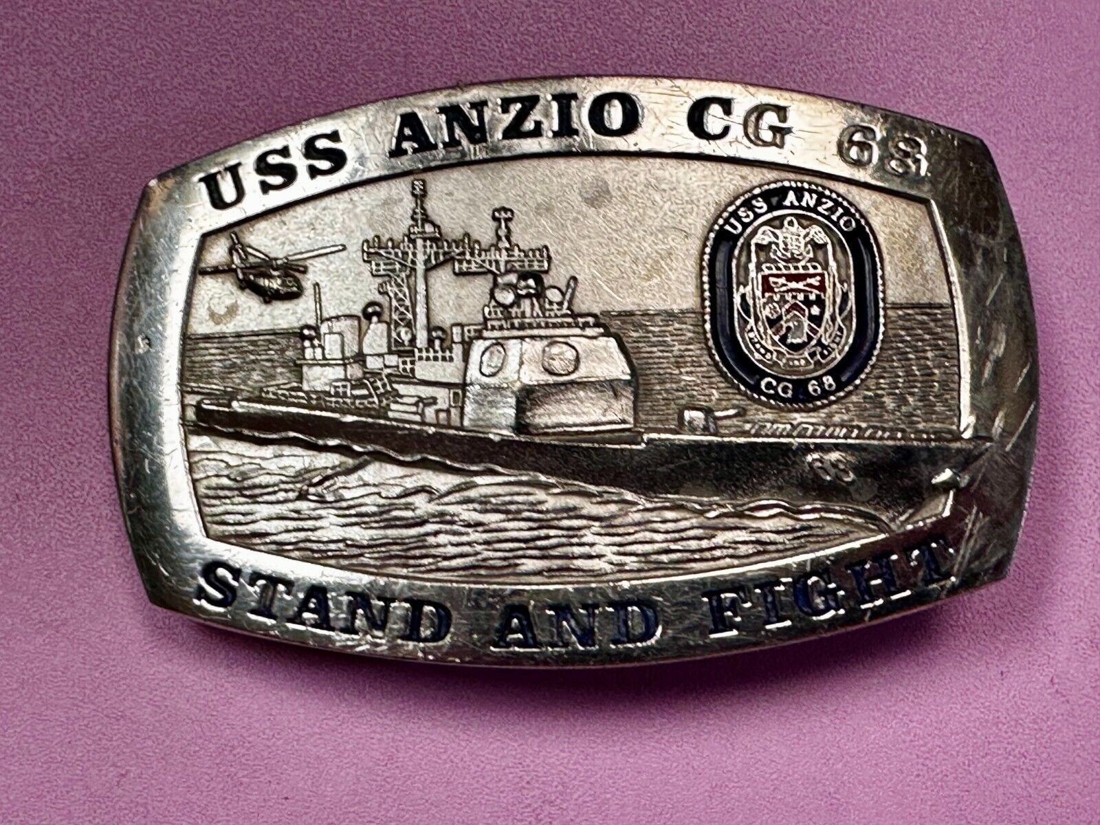 U.S.S. Anzio CG 68 Missile Cruiser Ship Stand and Fight US Navy Vtg. Belt Buckle