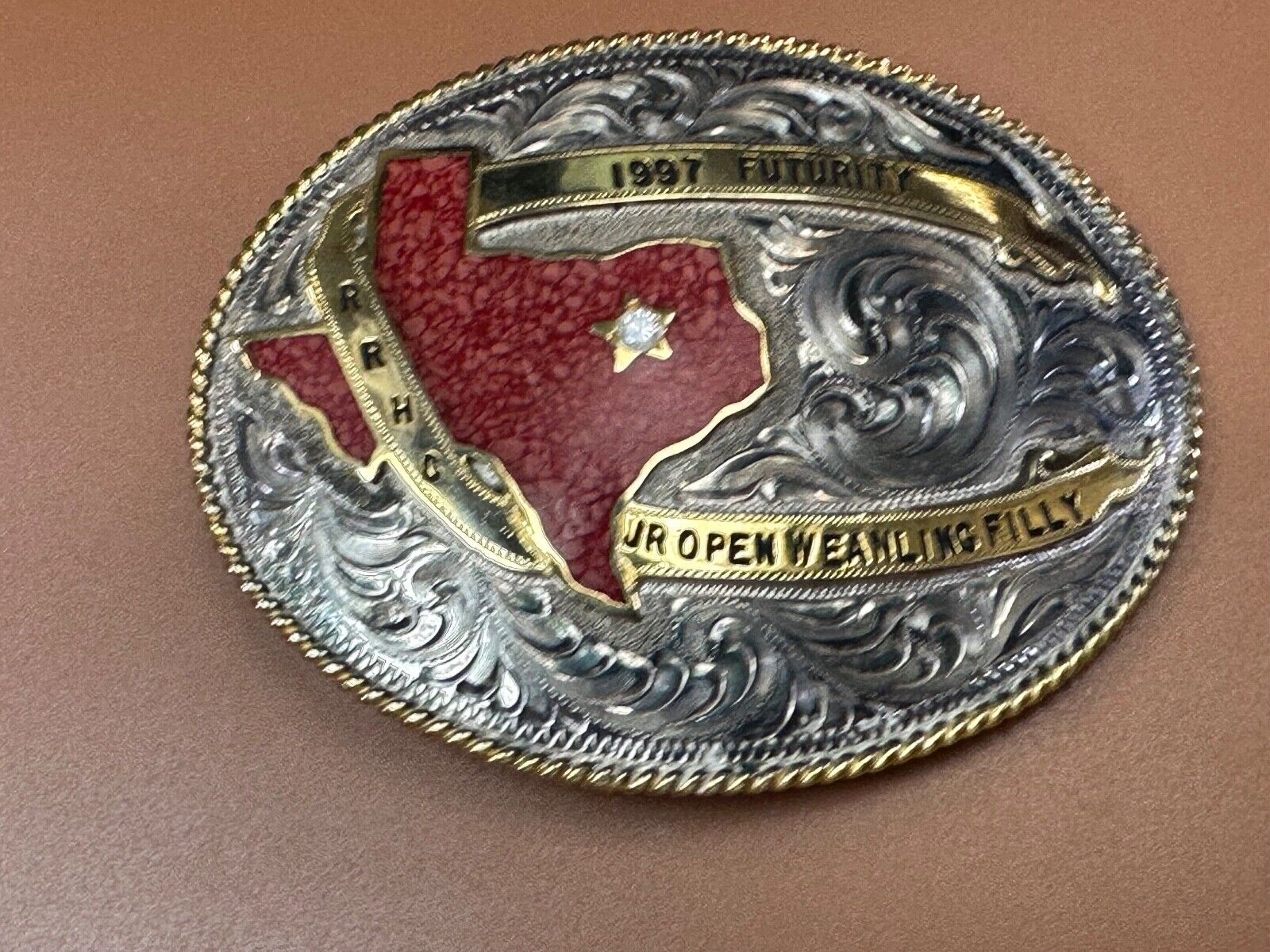 TEXAS Inlaid Coral Chip  JR Open Weanling Filly 1997 Futurity Trophy belt buckle