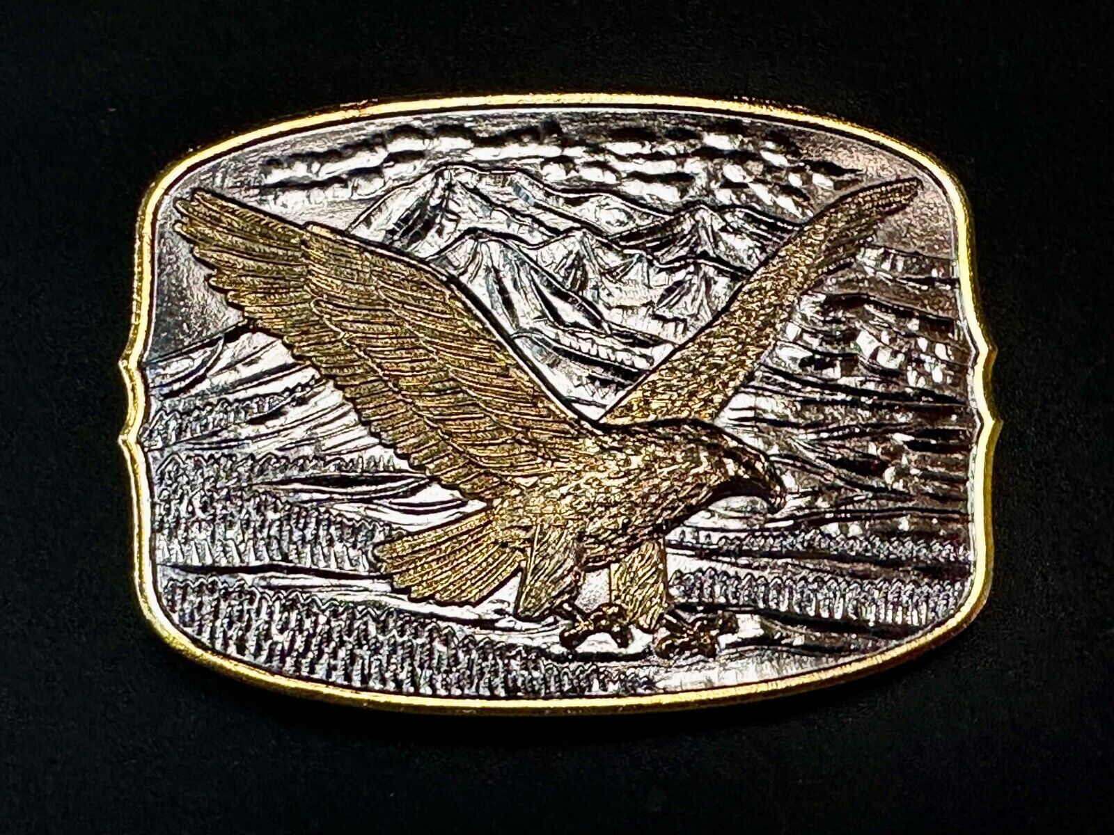 Majestic American Bald Eagle Flying high USA Mountains Two Tone Belt Buckle