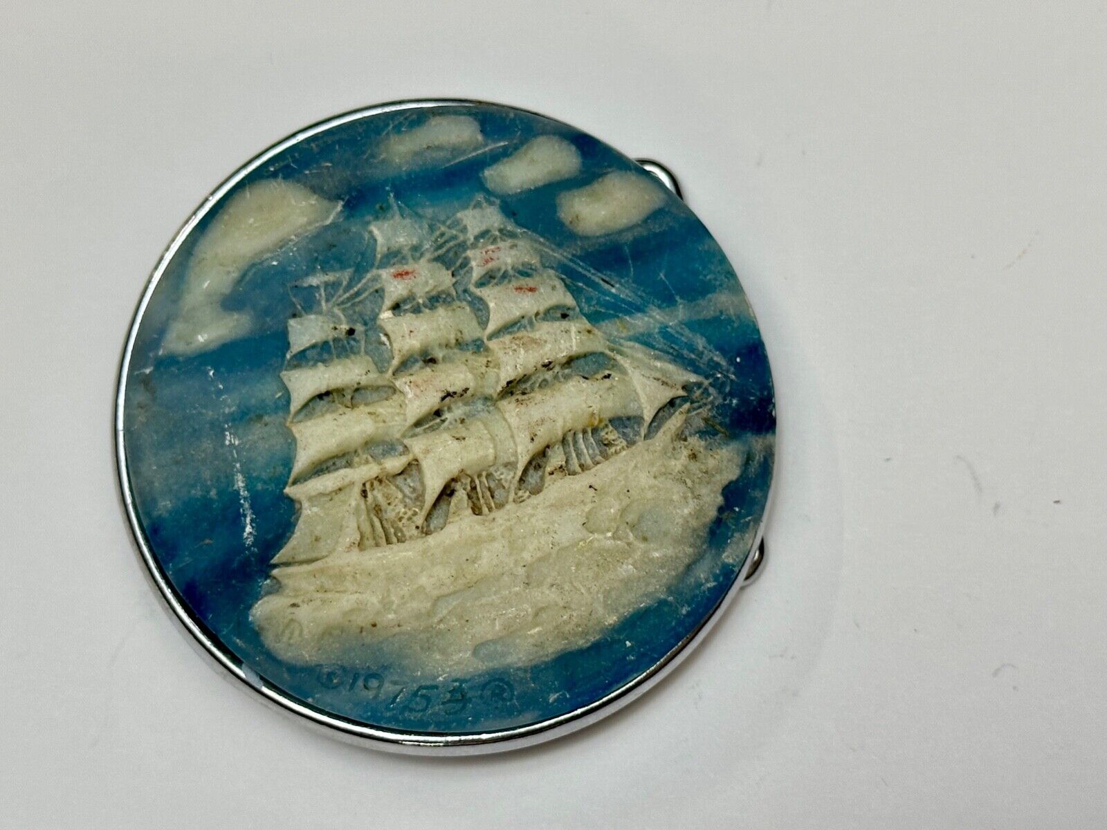 3-Masted Schooner Ship Carved Incolay Stone Cameo Vintage 1975 belt buckle