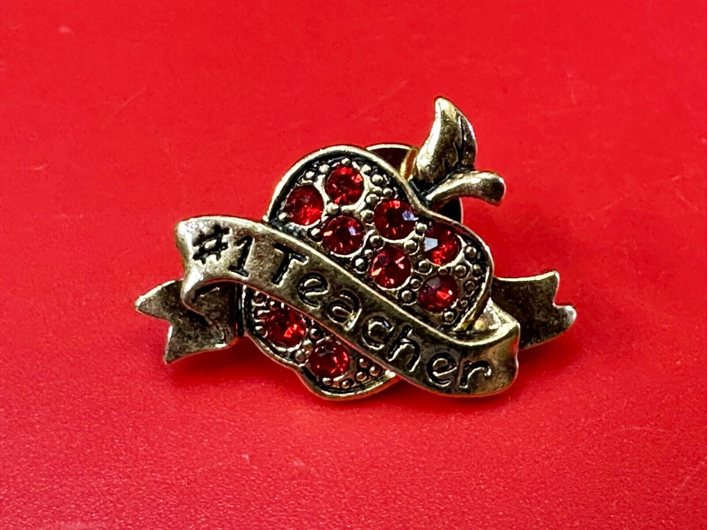 Apple Brooch Pin #1 Teacher Red Rhinestone Avon signed gold tone brooch