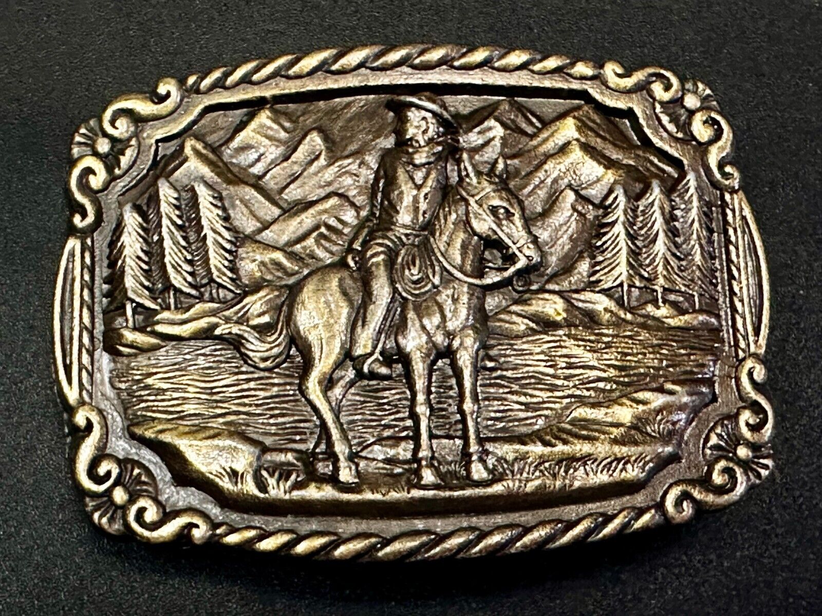 Tall In The Saddle Western Cowboy Leading Wagon Train Vintage ART Belt Buckle