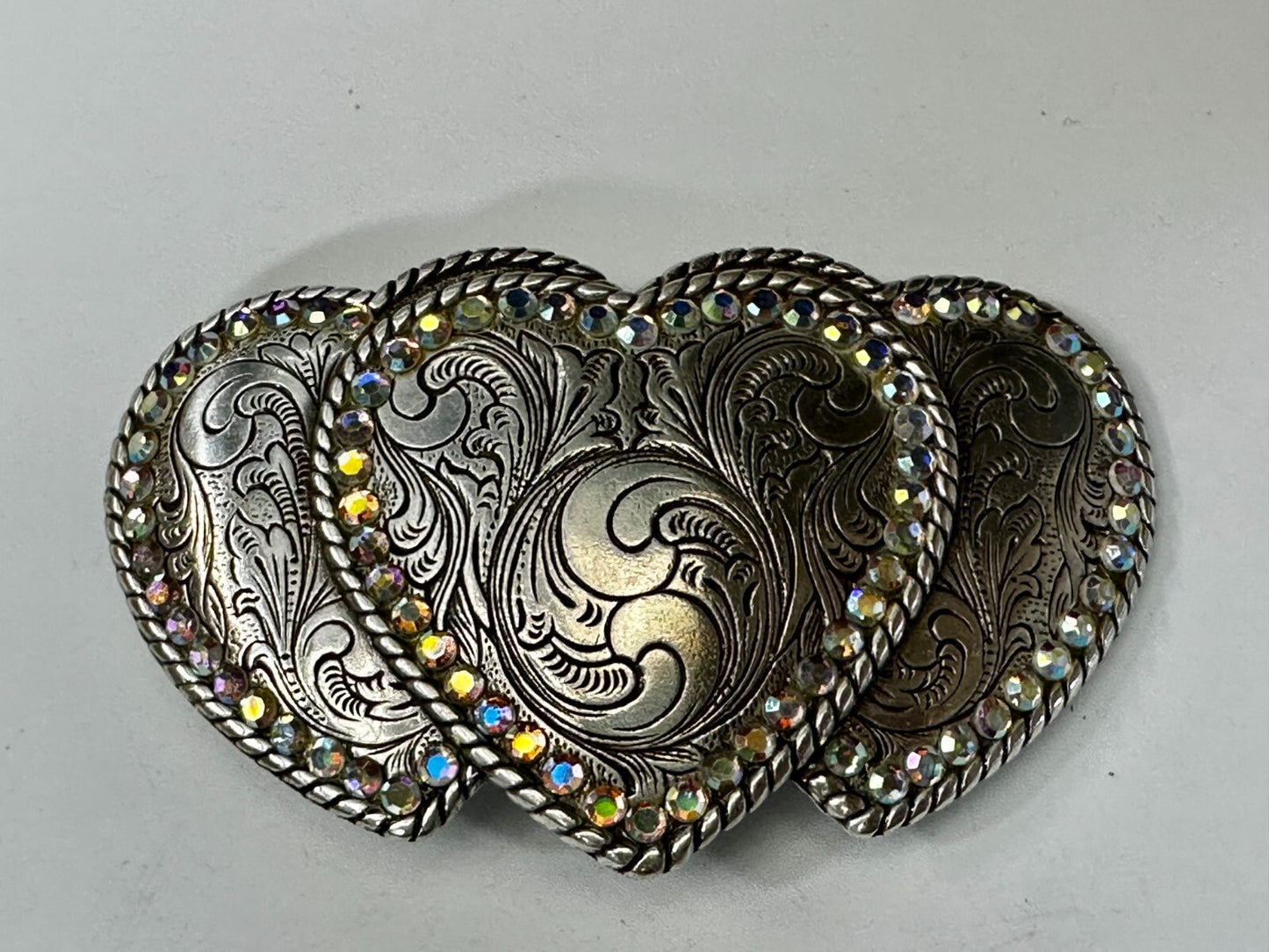 Triple Heart Shaped Flower Swirl Pattern with Rhinestone Border Belt Buckle