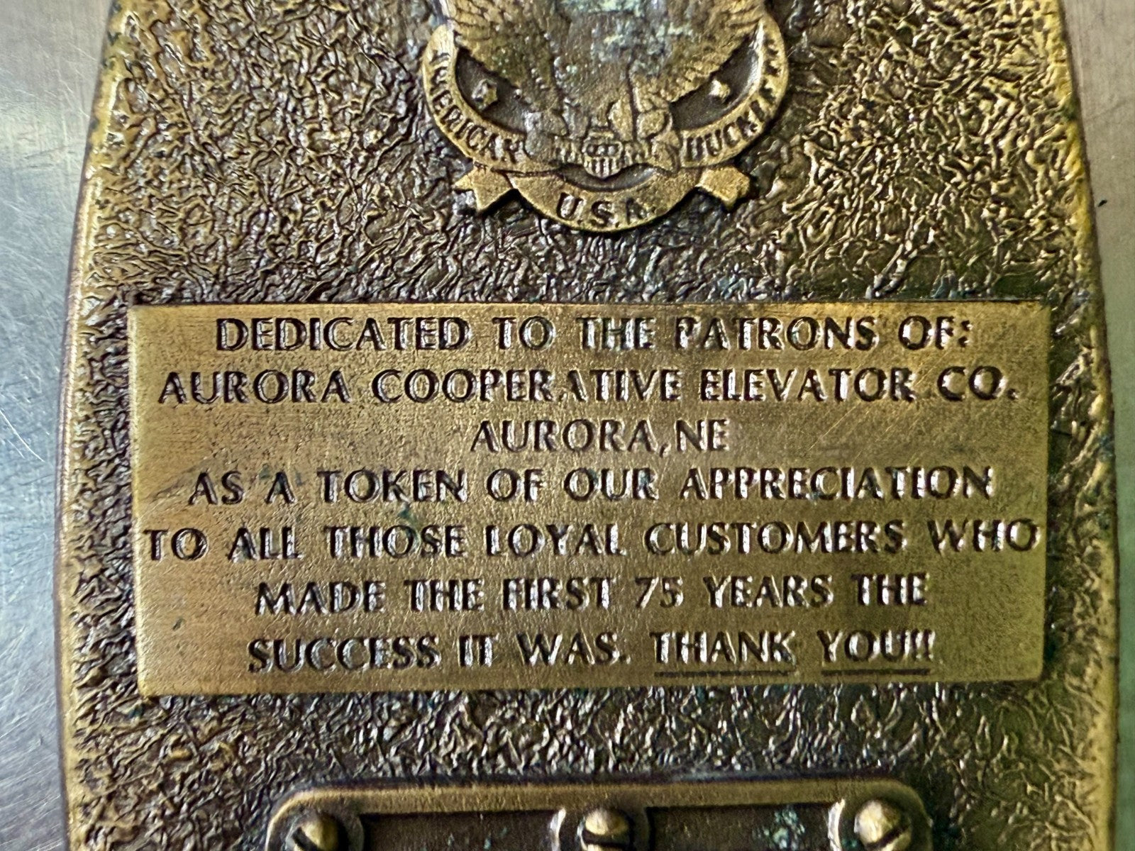 Aurora Co-Op Elevator Company at your Service 75th Anniversary Belt Buckle