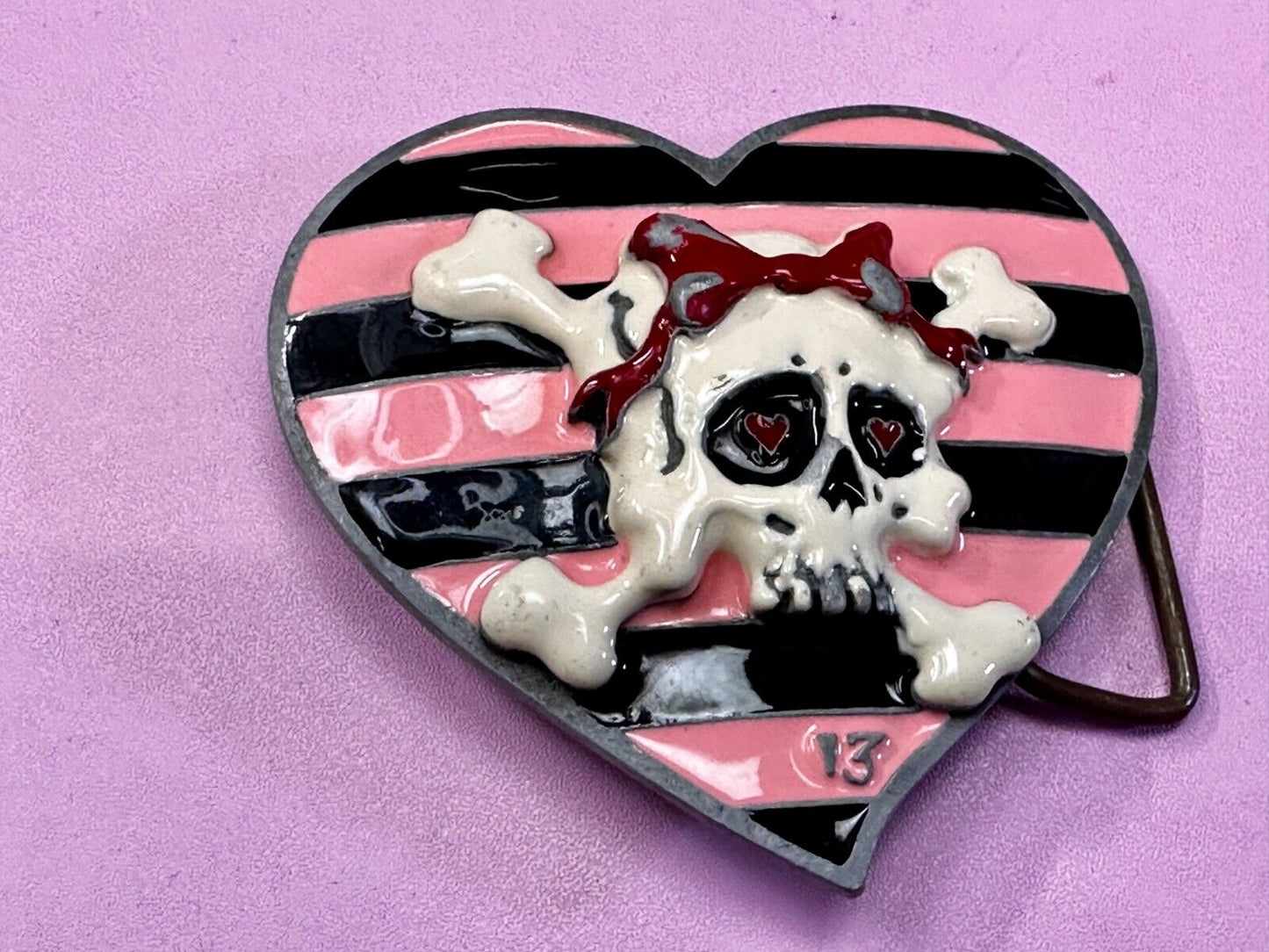 3D Heart Shaped Skull with Bow Cross Bone Ladies Belt Buckle Lucky 13 Apparel