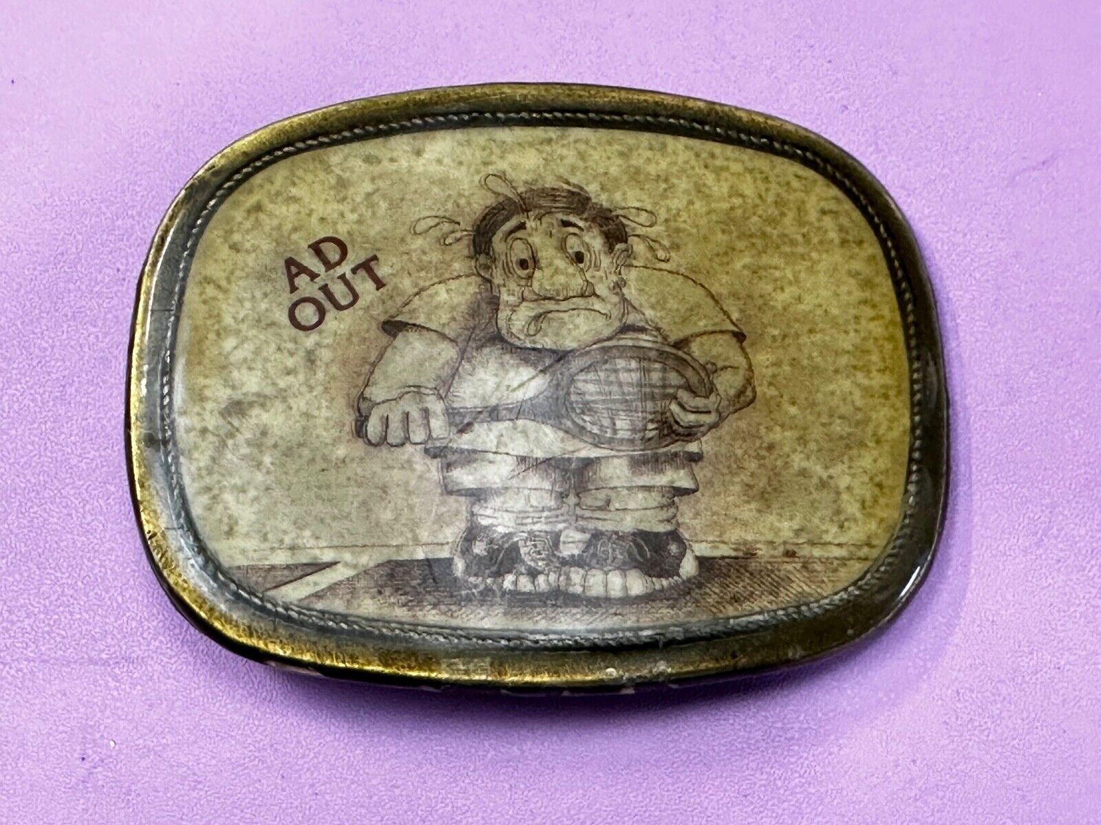 Vintage Cartoon Man AD OUT - Tennis Game Match Retro Sports Belt Buckle