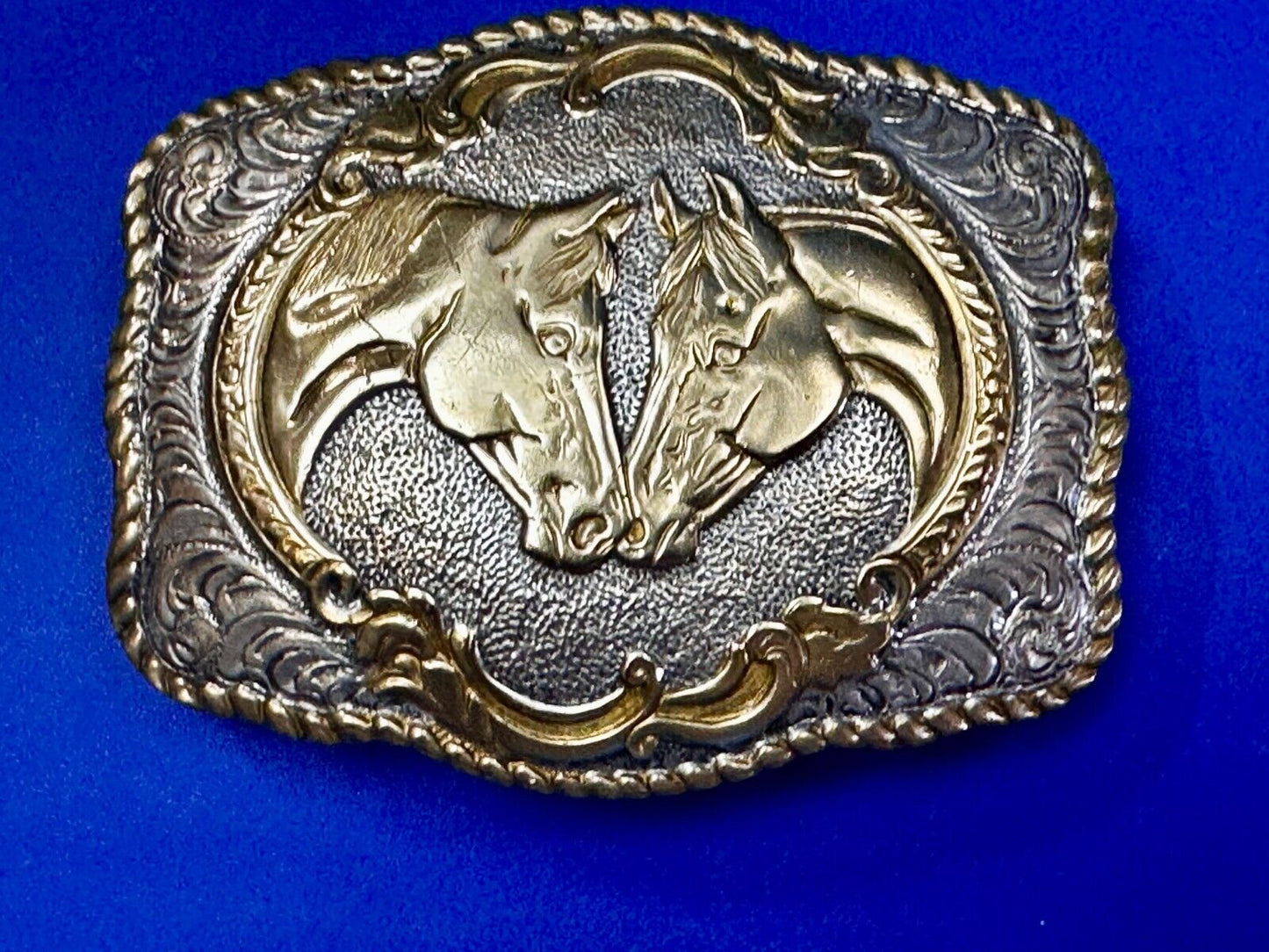 Two Horse Heads Vintage Crumrine Two Tone Western Belt Buckle