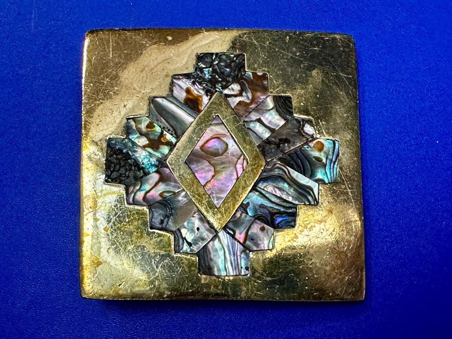 Vintage Inlaid Abalone Shell Into Solid Brass Hippy Vibe Alpaca? Belt Buckle