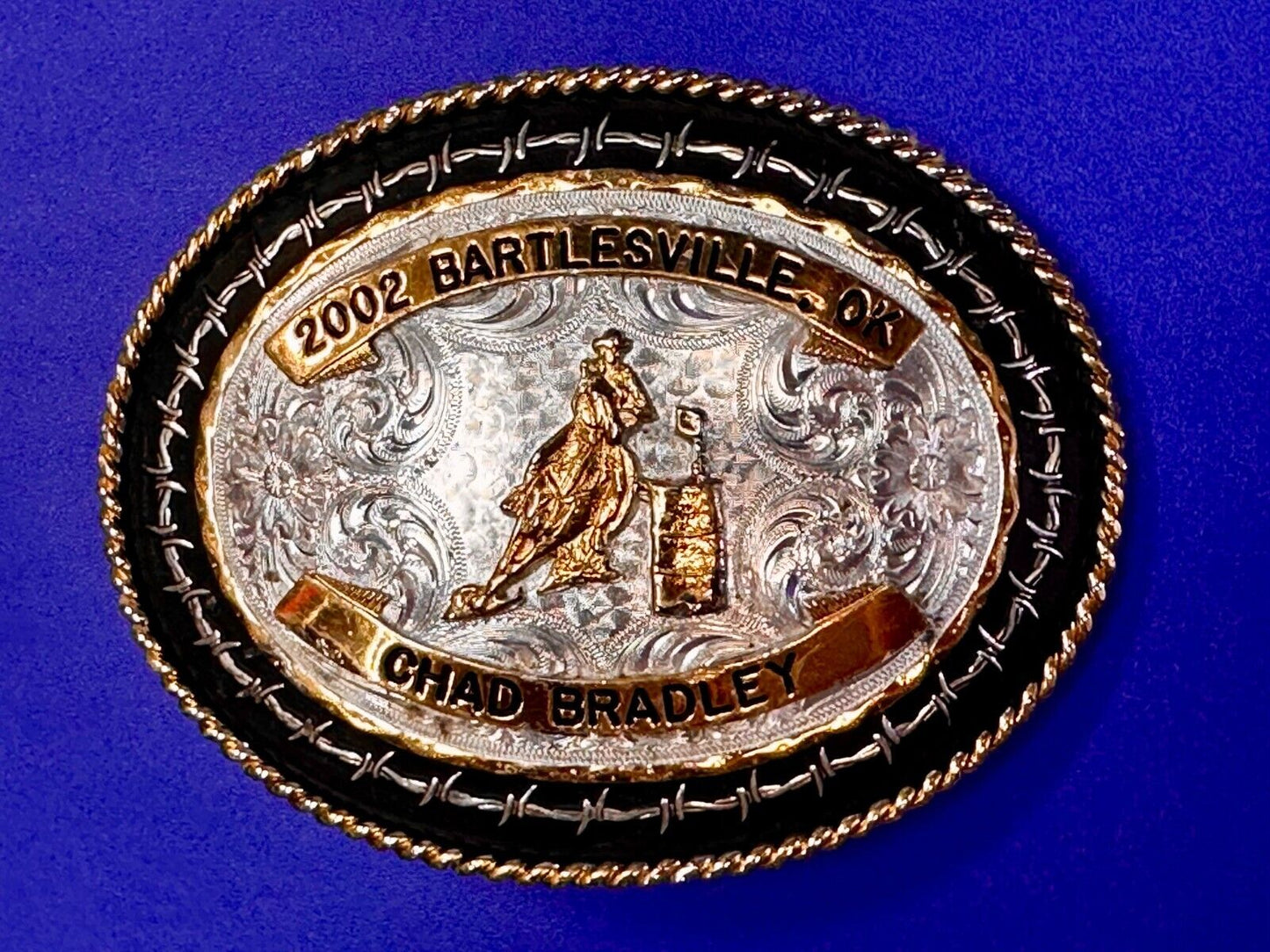2002 Bartlessville OK Rodeo Trophy Chad Bradley Montana Silversmiths Belt Buckle