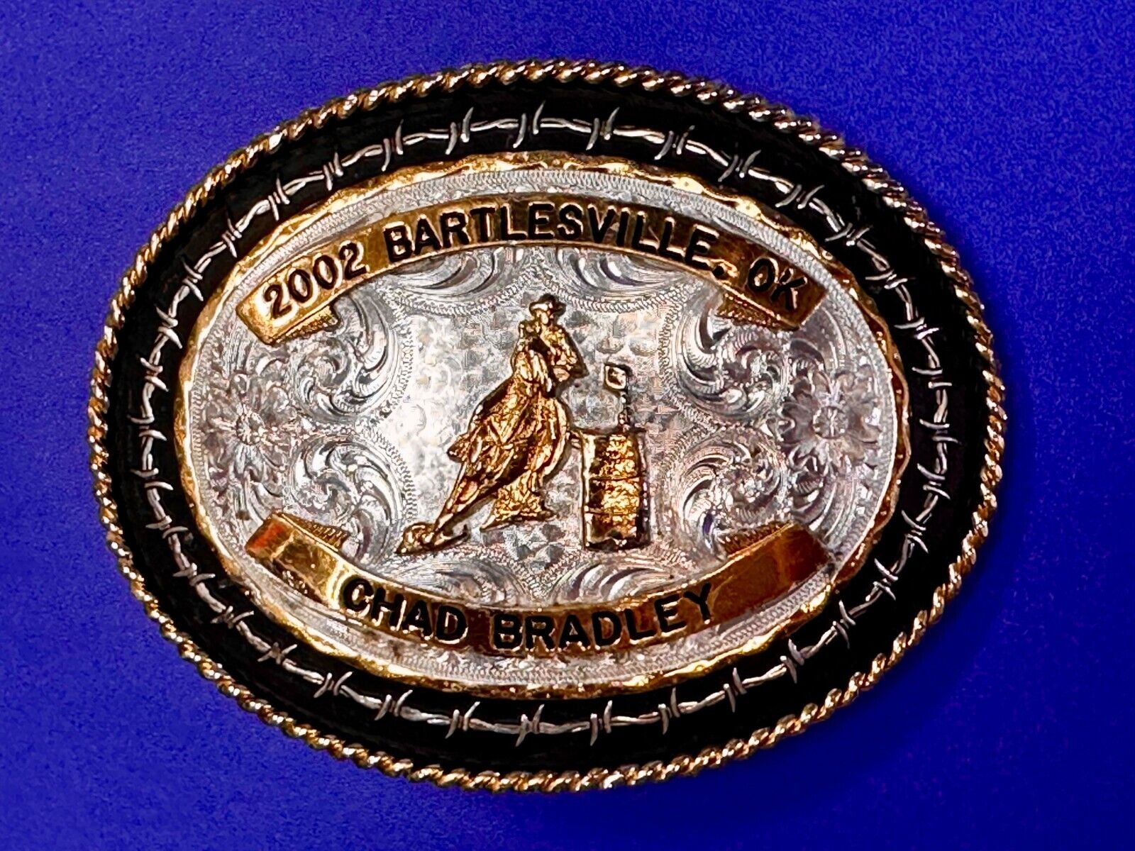 2002 Bartlessville OK Rodeo Trophy Chad Bradley Montana Silversmiths Belt Buckle