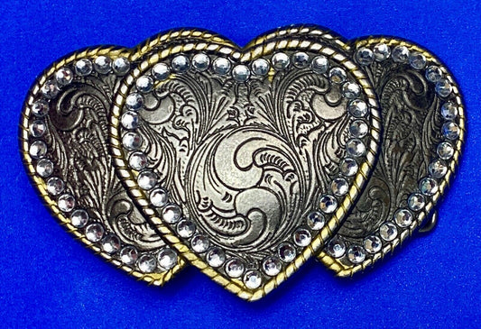 Three hearts ornate flower swirl belt buckle with thick rhinestone boarder