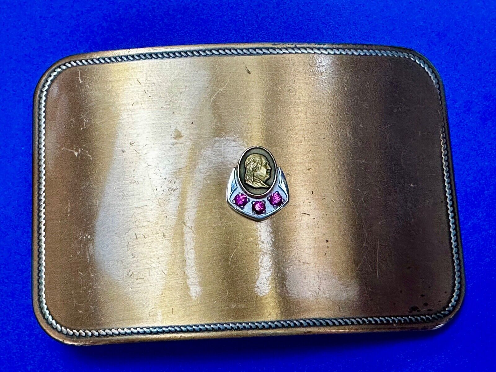 Vintage 10K Gold Benjamin Ben Franklin Centerpiece Belt Buckle with 3 ruby's