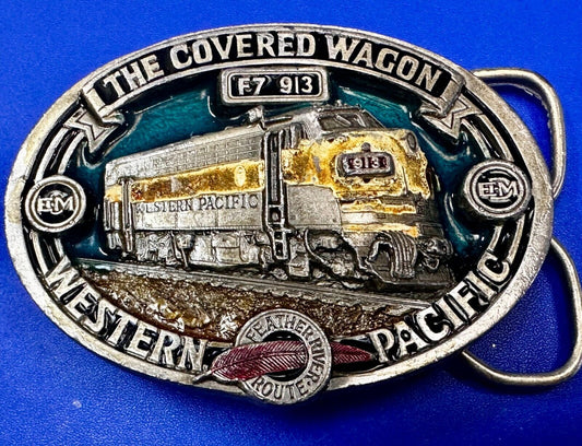 The Covered Wagon Western Pacific Train RR F7 913 EMD VTG 1986 Belt Buckle by CJ