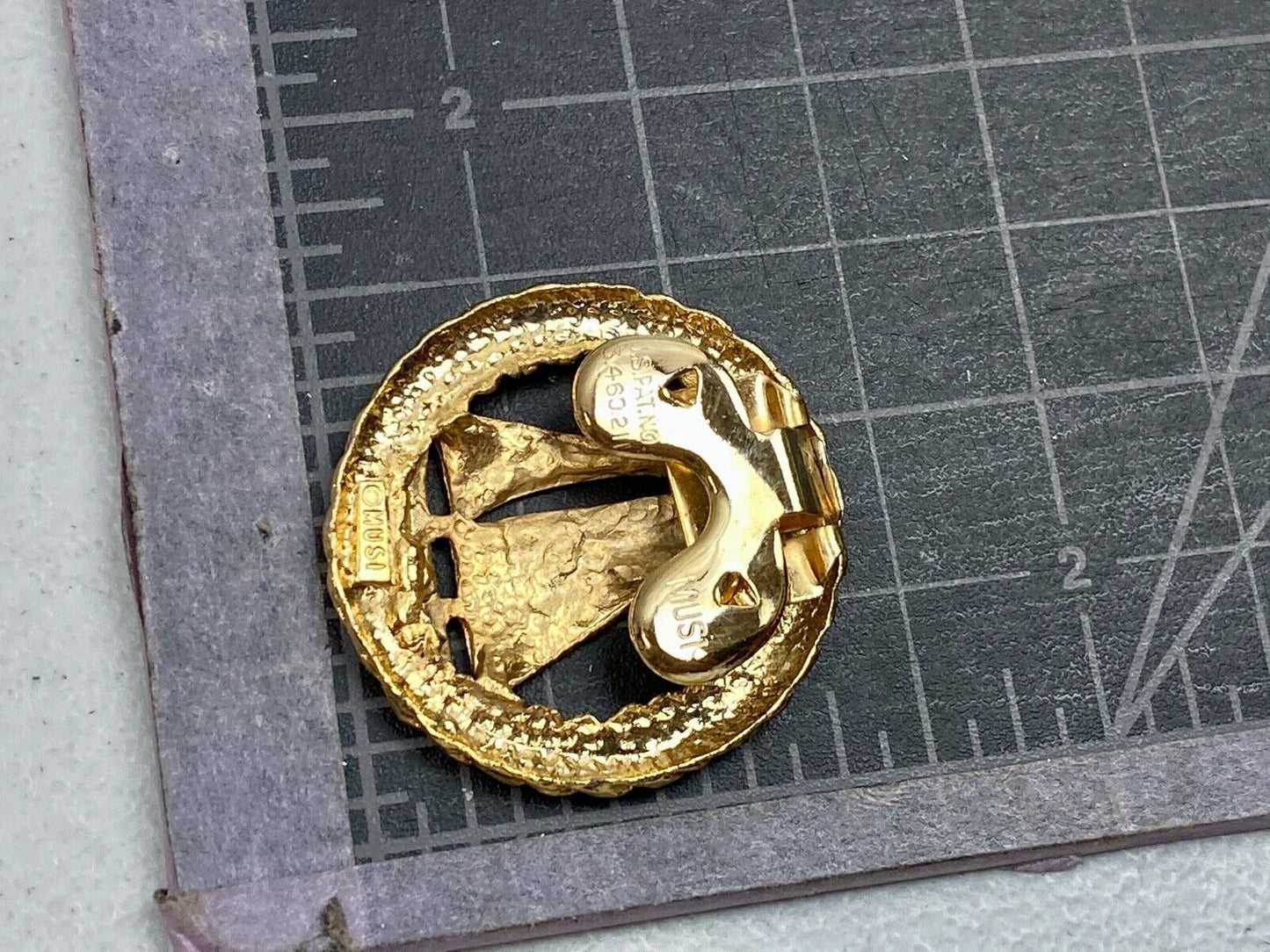 beautiful two piece Sailboat gold tone small vintage belt buckle signed Musi 