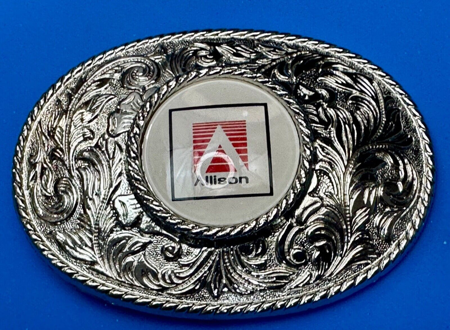 Allison Company Logo  Round Centerpiece Silver Tone Oval Western Belt Buckle