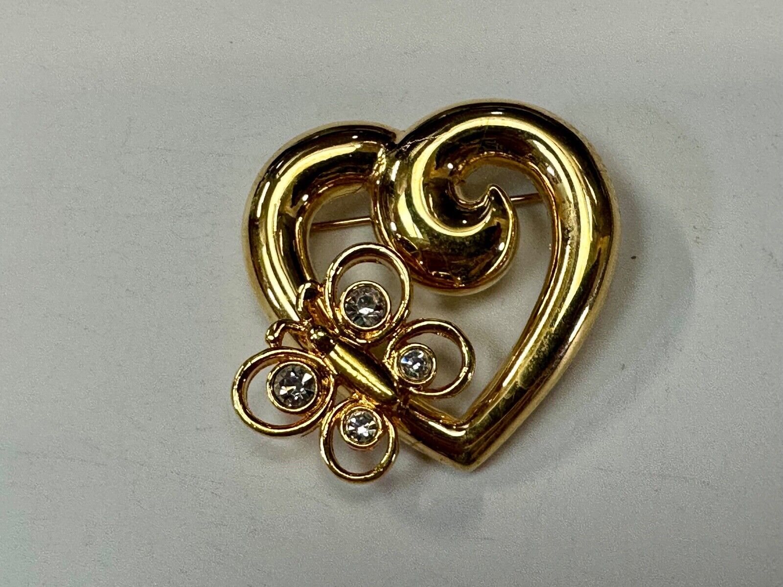AK Anne Klein signed gold tone heart with rhinestone butterfly Brooch Pin