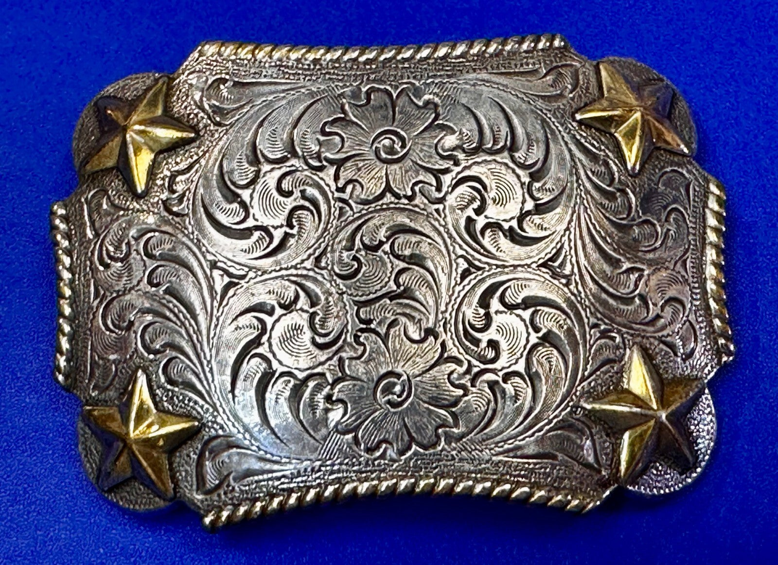 Texas Lone Star Corners Flower Swirl Ornate Western Two Tone Belt Buckle