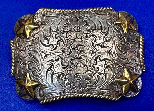 Texas Lone Star Corners Flower Swirl Ornate Western Two Tone Belt Buckle