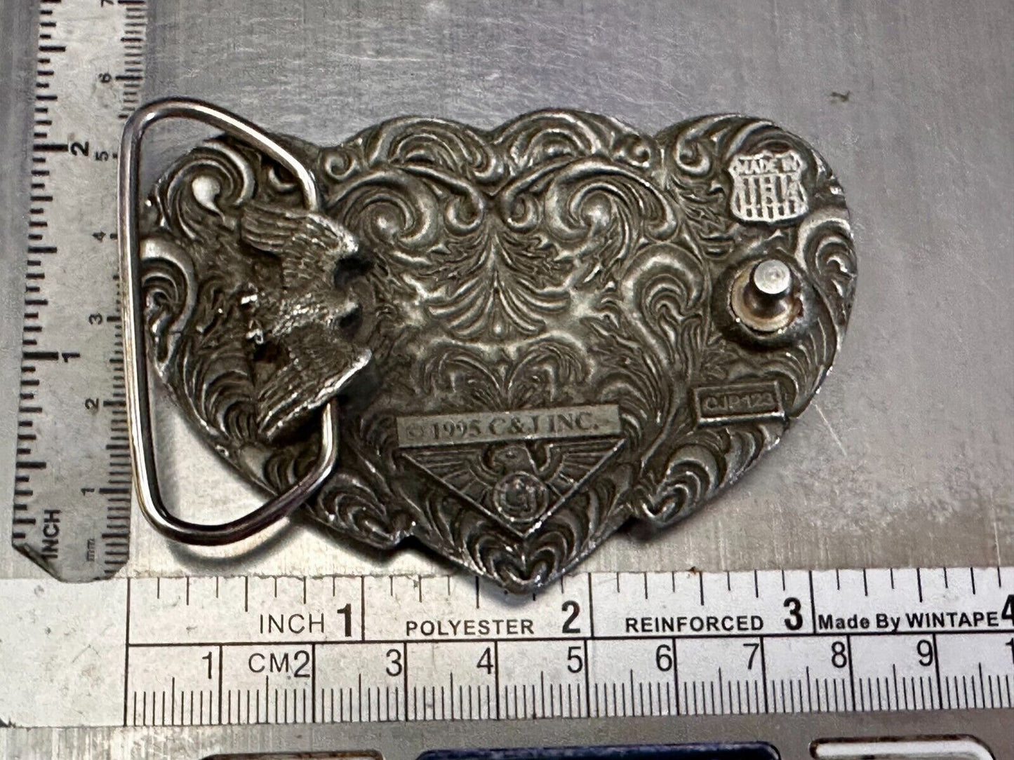 Triple Hearts Flower Swirl VTG 1995 Western Cowboy Cowgirl Belt Buckle C&J Inc.