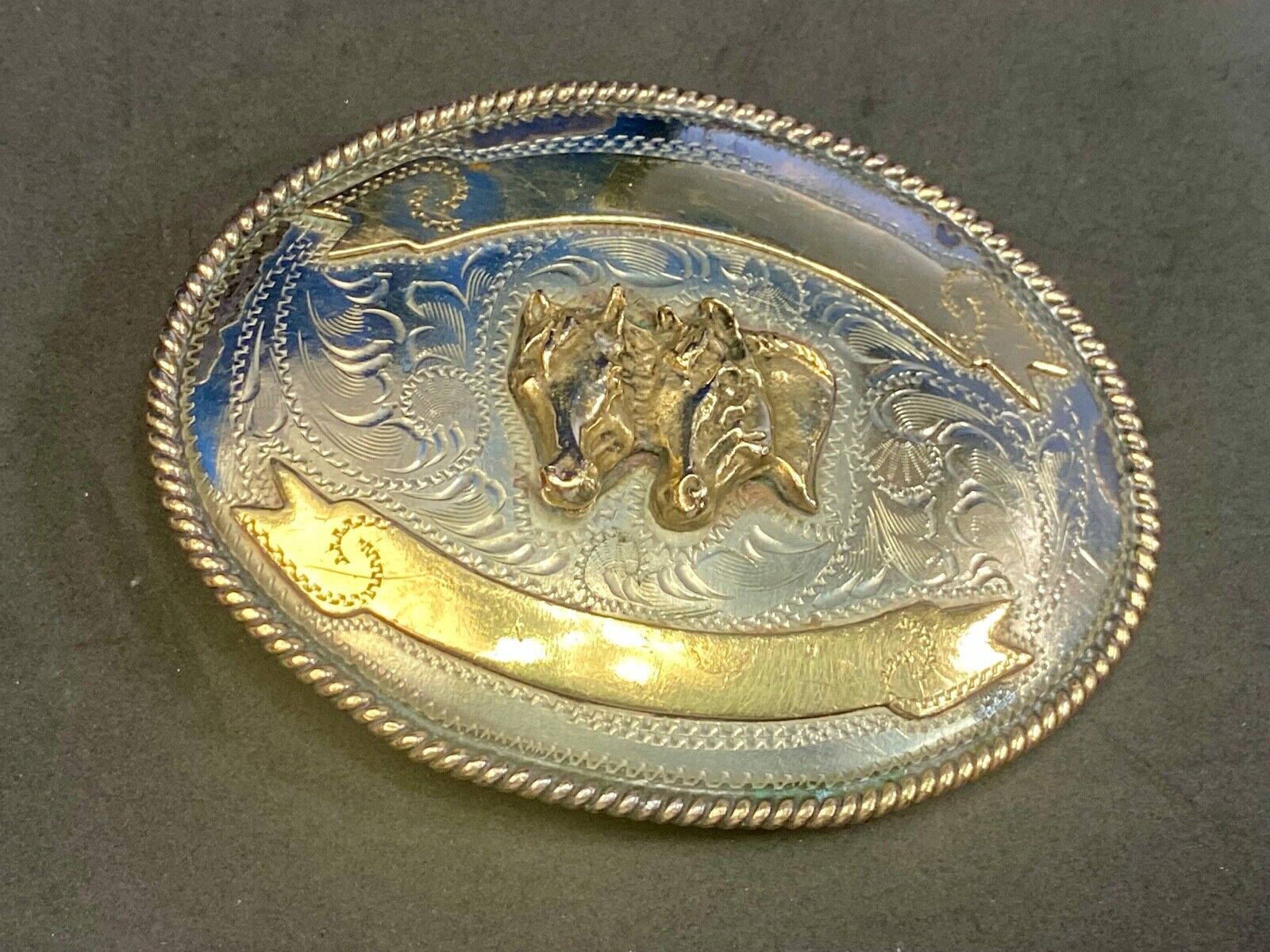 Vintage 4" Three Horse Head's  On Alpaca Mexico Belt Buckle Blank Trophy Scroll 