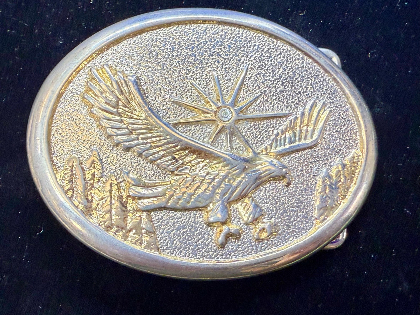 American Bald Eagle Flying Hunting with Patriotic Starburst Vintage Belt Buckle