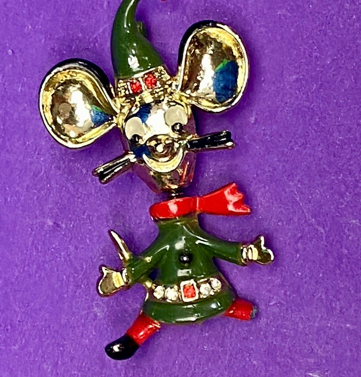 Vintage Jumping Mouse Brooch Pin by BEATRICE Red Green Enamel on GP Signed BJ