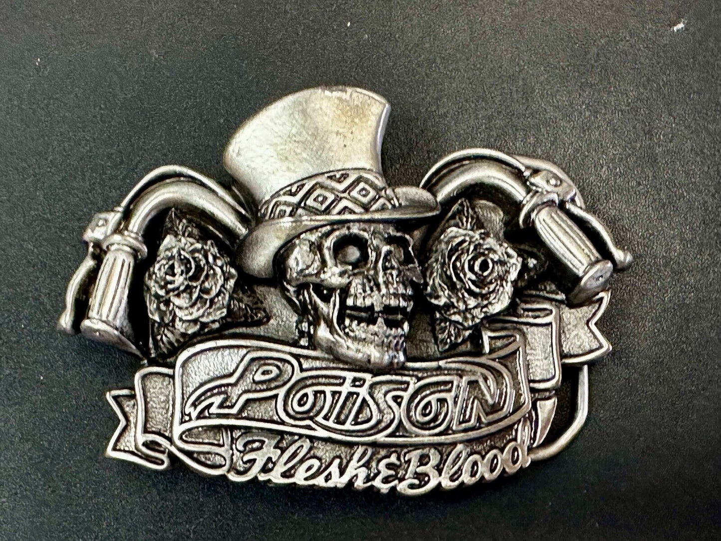 80's Poison Rock Band Skull in Top hat Rose Flesh & Blood Album 1992 Belt Buckle